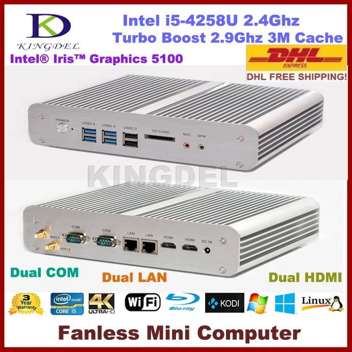 Lowest Price Kingdel Mini Computer, Fanless 4K HTPC, Intel i5-4258U 2.4-2.9Ghz, 16GB DDR3L RAM, WiFi, 4*USB 3.0, Dual HDMI+LAN+COM, Blue-ray Lowest Price Kingdel Mini Computer, Fanless 4K HTPC, Intel i5-4258U 2.4-2.9Ghz, 16GB DDR3L RAM, WiFi, 4*USB 3.0, Dual HDMI+LAN+COM, Blue-ray
