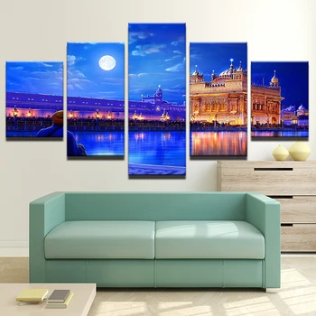 

Vintage Pictures Home Decor Paintings On Canvas Wall Modular 5 Panel Golden Temple At Night Pictures For Living Room HD Print