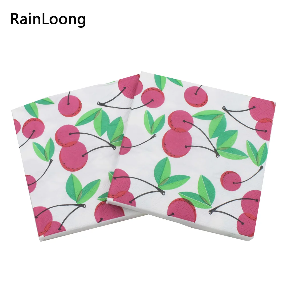 

[RainLoong] 3-Plys Beverage Paper Napkin Cherry Fruit Tissue Serviettes Decoupage Cocktail For Party Decoration 25*25cm