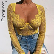 Криптографическое сексуальное кружевное прозрачное Женское боди с вышивкой модное лоскутное Сетчатое боди с длинным рукавом Тедди новая женская одежда