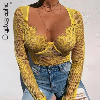 

Cryptographic Sexy Lace Transparent Embroidery Female Bodysuit Fashion Patchwork Mesh Long Sleeve Teddy 2020 New Women's Clothes