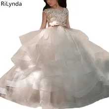 Г. Платье с цветочным узором для девочек элегантное кружевное платье цвета шампанского с аппликацией, без рукавов, каскадные Детские торжественные платья для свадьбы, платье для первого причастия