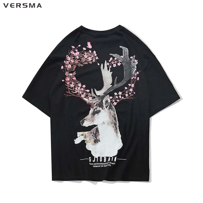 

Мужская свободная футболка VERSMA, Корейская футболка в стиле Харадзюку, с принтом оленя, вишни, Blosson, летняя футболка в стиле хип-хоп, 2019