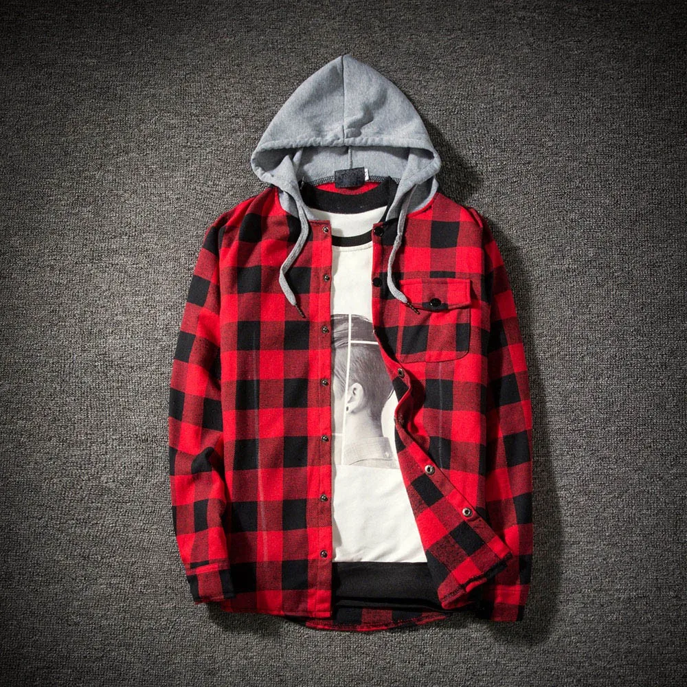 FREE OSTRICH hoodies Tracksuit Men's Autumn Casual Plaid Shirts Long Sleeve Pullover Shirt Top Hooded Blouse Sportswear