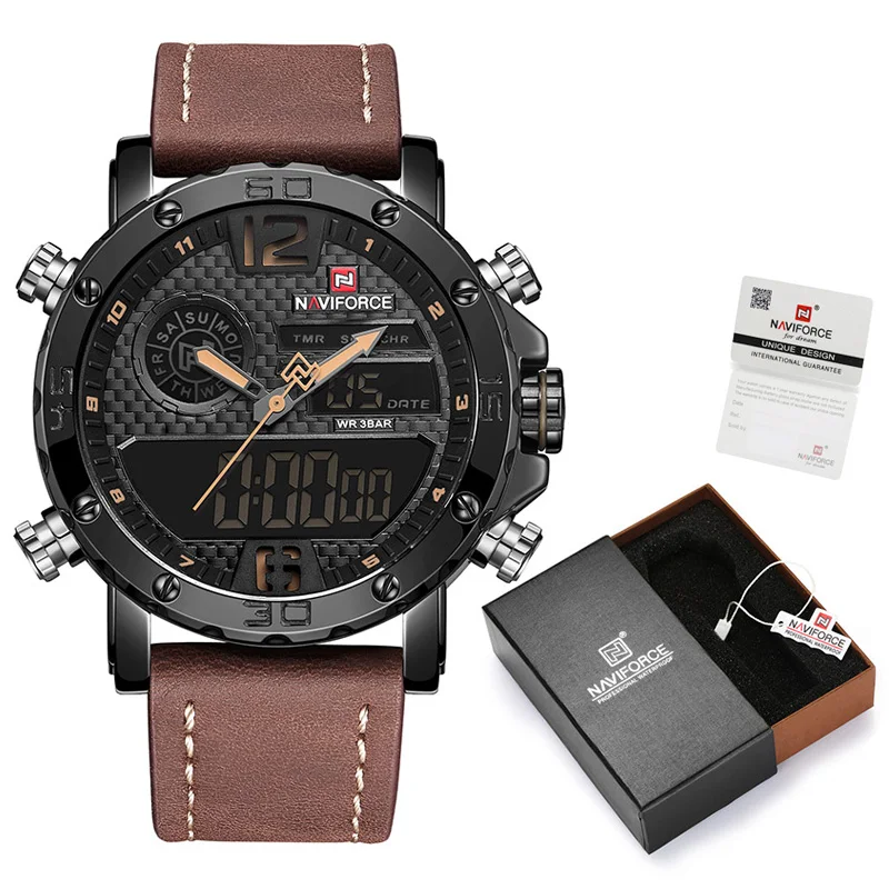 NAVIFORCE часы мужские NF9134 Военные Спортивные кварцевые мужские часы кожаный светодиодный водонепроницаемый цифровой мужской набор часов для продажи с коробкой - Цвет: BYB-Box B