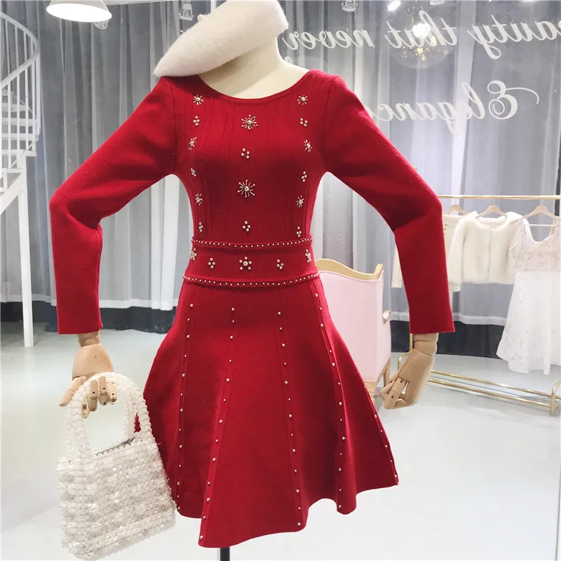 Весеннее трикотажное платье-свитер, женское милое элегантное платье с круглым вырезом и длинными рукавами, винтажное мини-платье трапециевидной формы с высокой талией - Цвет: Красный