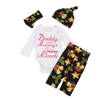 

Cute Baby Girl Xmas Floral Clothes Set Long Sleeve Triangle Tops Romper+Bell Printed Leggings Pant+Hat+Headband 4pcs Clothes Set