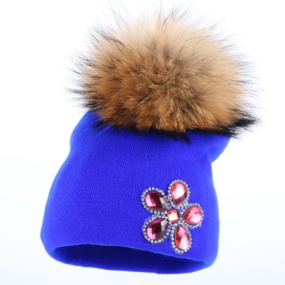 Ragazzo ragazza bambino nuovo disegno di inverno cappelli fucsia cristallo floreale cotone skullies bambini berretti carino grande visone cappello pompon