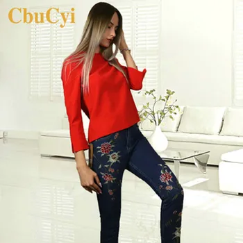 

CbuCyi Womens Clothing 3D Embroidery Jeans Pants High Waist Casual Slim Pencil Pants Female Vintage Cotton Denim Pants Trousers