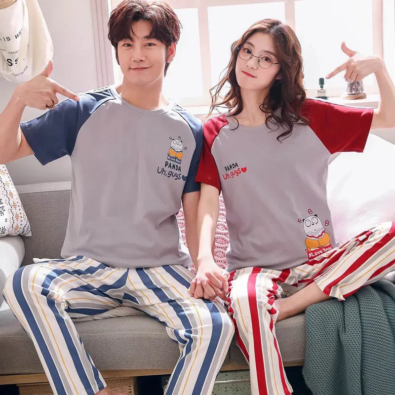 

Spring New Lovers Pajama Set Cartoon Printed Short Sleeve+Long Pants Men And Women's Sleepwear Set Cotton Household Wear O-Neck