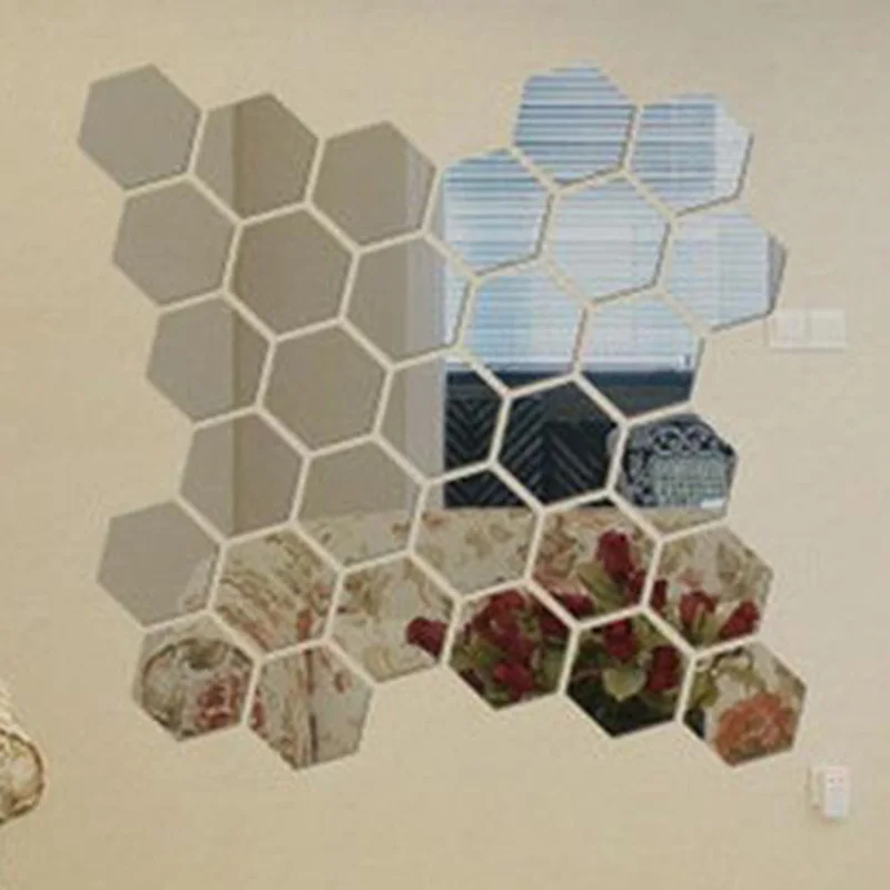 12pcs Waterproof Mirror Wall Stickers Removable Octagon Mirror Style