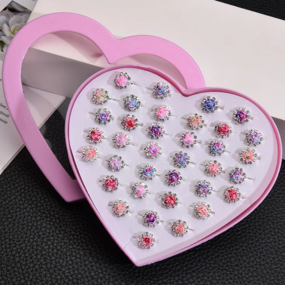 

Exquisite Resin Flower Rings Set Silver Color Adjustable Rhinestone Finger Rings for Women Girl Fashion Party Jewelry 36pcs/lot