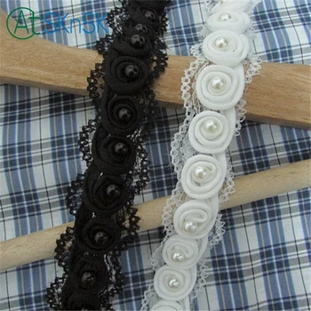 

5Yards/lot 3cm width Pearl beaded flower lace trim for collar DIY sewing on clothes accessories bead polyester lace ribbons