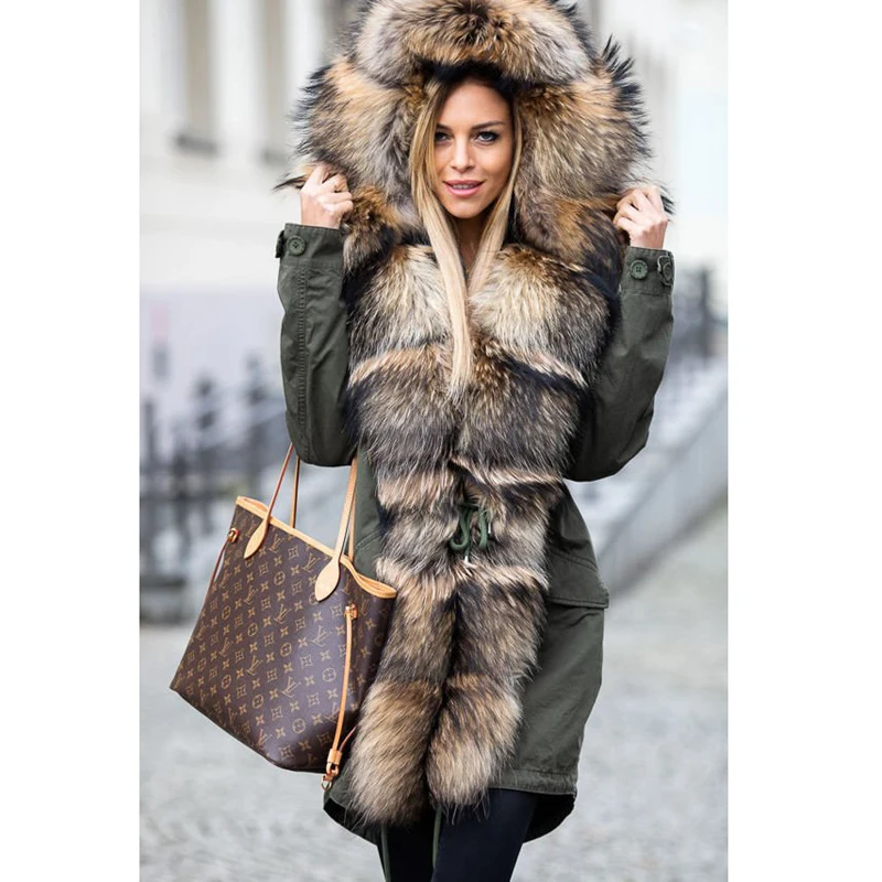 CKMORLS New Fashion Parkas With Natural Big Raccoon Fur Collar Armygreen Fur Jacket For Women Real Fur Coats Thick Warm Outwear