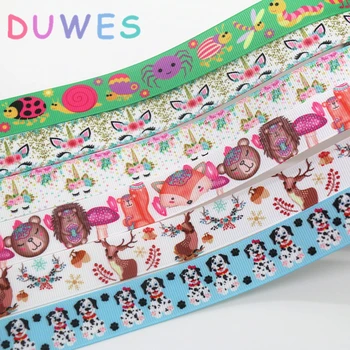

DUWES 50yards dog pug unicorn fox deer printed grosgrain Ribbon Accessory hairbow headwear decoration Wholesale OEM D1035