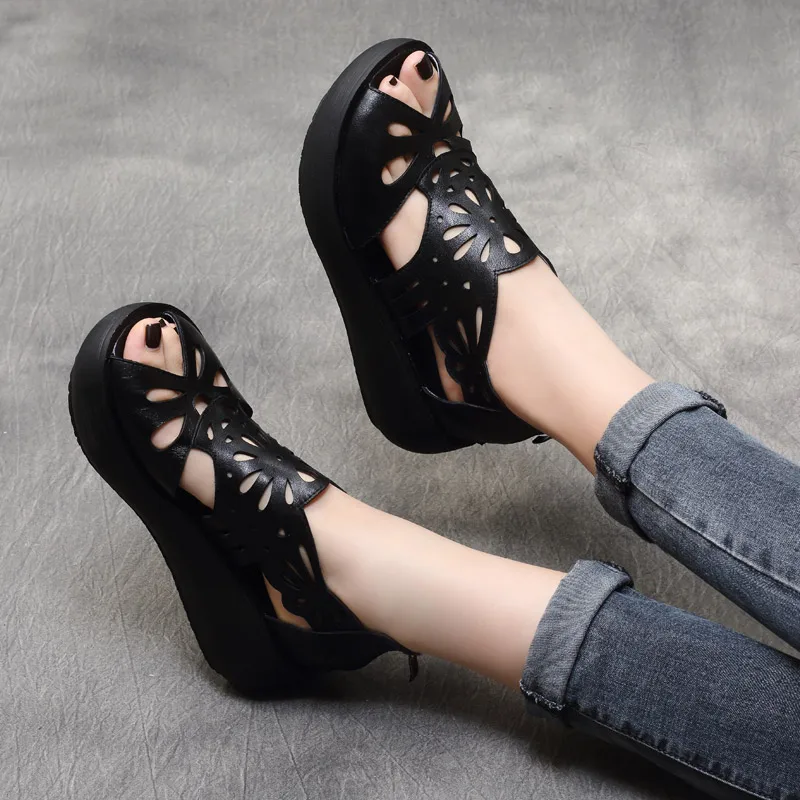 Women Leather Sandals Wedge Shoes Embroidery 6 Cm High Heels Chunky Sandals Beige Retro Shoes Handmade Genuine Leather Sandals