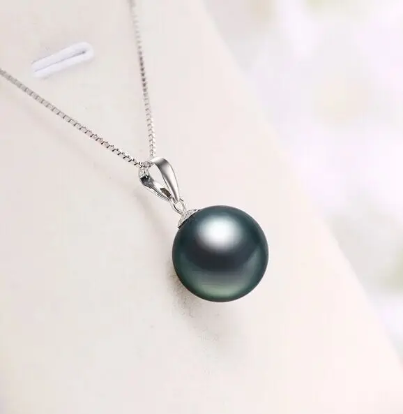 

10-11mm natural round tahitian black green pearl pendant necklace 18inch