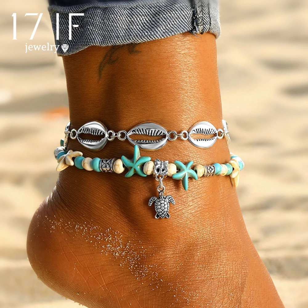 

17IF Vintage Multi Layer Turtle Shell Anklets For Women Fashion Handmade Chain Starfish Anklet Bracelets New Summer Foot Jewelry