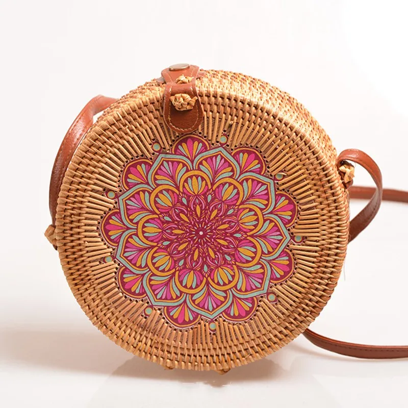 Женские сумки плетёная ротанговая ретро-стильная сумка через плечо с цветочным принтом в национальном стиле круговые сумки-мессенджеры