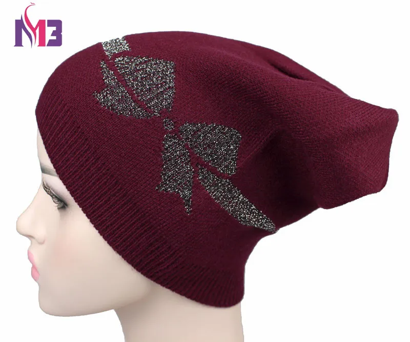 

Autumn Winter Women Beanies Hat Knitted Cashmere Skullies Casual Cap for Women Shiny Bowknot Solid Colors Ski Gorros Cap