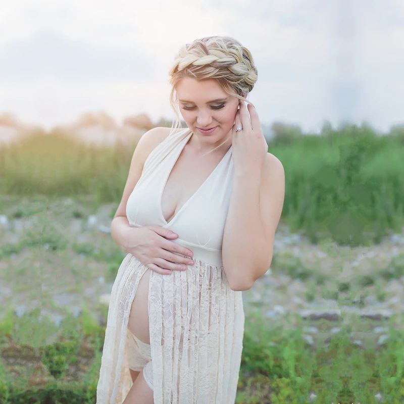 

Halter Materity Lace Dress Backless Maternity Photography Props Long Dress Front Open Slit Maternity Dresses For Photography