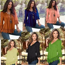 Kesebi 2017 Spring Summer New Fashion Women European Lace Stitching Tops Female Casual V-neck Solid Color T-shirts