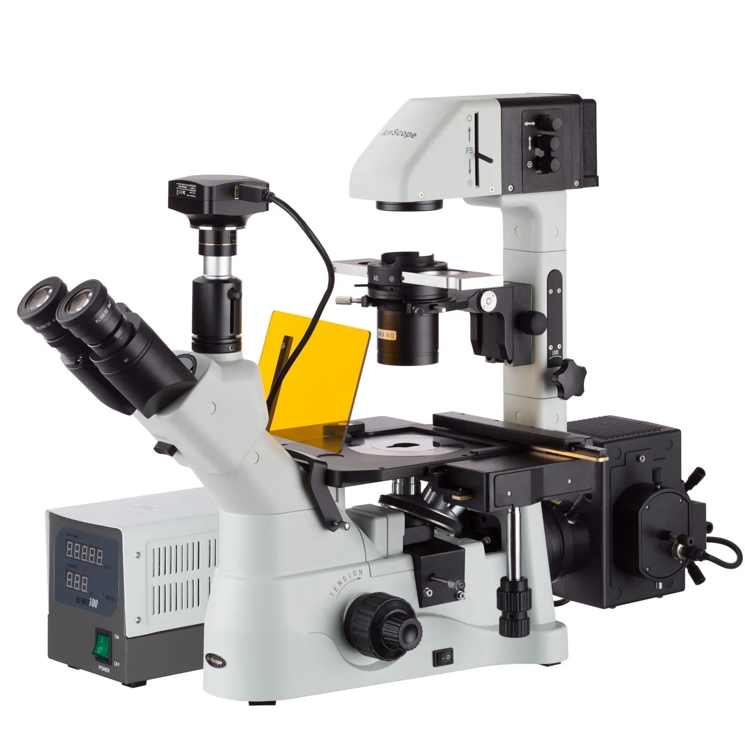 

AmScope 40X-1500X Inverted Phase-Contrast + Fluorescence Microscope with 2.3MP Global-shutter Low-light Camera IN480TC-FL-2MG3