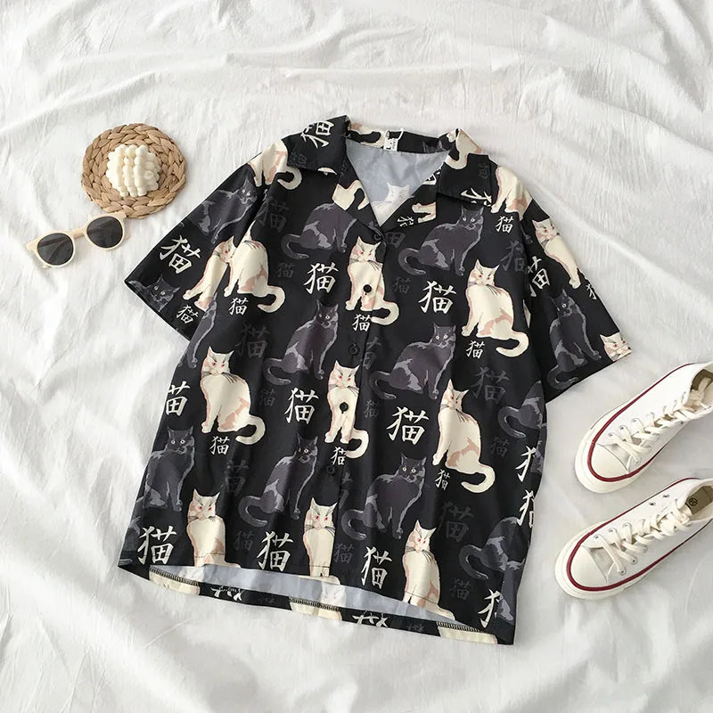 Neploe/винтажная Свободная Женская блузка с принтом кота из мультфильма повседневные летние рубашки с короткими рукавами Топы с отложным воротником Harajuku Kawaii