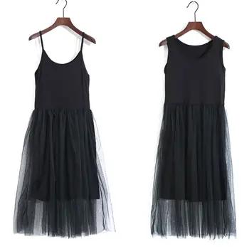 

Womens Basic Bottoming Spaghetti Strap Tank Maxi Dress Mesh Layer Plain Solid Color Pleated Holiday High Waist Beach Sundress