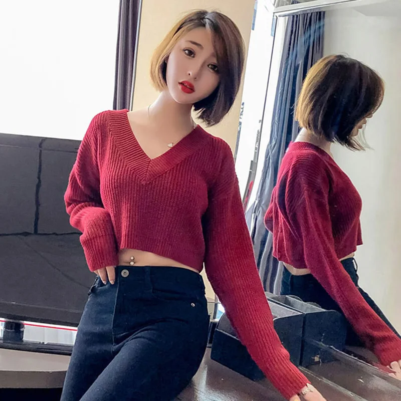 Sexy Top V-neck Pullover Sweater Female Back Single Row Button Fashion Casual Straight Knit Fall Winter Female Solid Color Tops