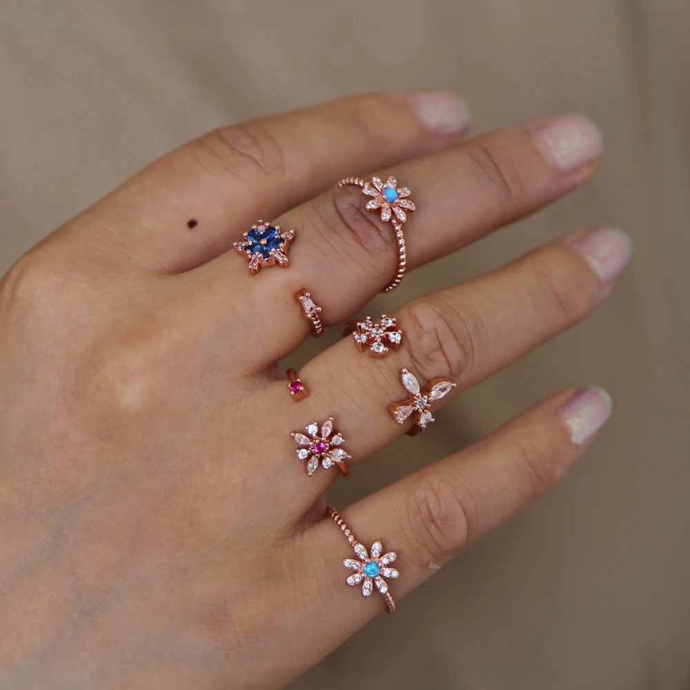 

Korean style fashion flowers ring shiny purple stone finger jewelry delicate adjustable open ring for lovely girls cute gifts