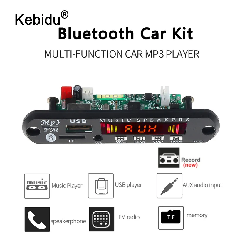 

Bluetooth Car Radio Mp3 Player decoder Board 5V-12V Handsfree Support Recording FM TF card AUX With MIC Car Speaker Modification
