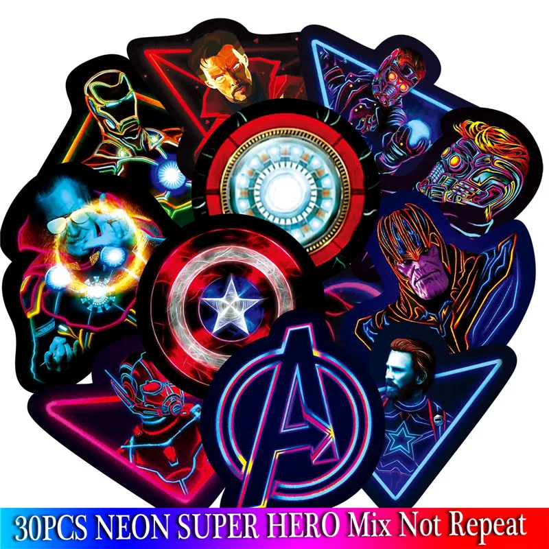 30PCS Marvel The Avengers Neon Stickers Sets Cartoon Anime Sticker For Laptop Fridge Phone Guitar Super Hero Stickers Pack
