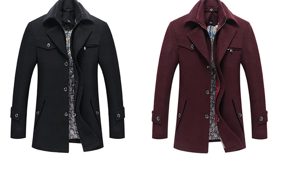 Mens Fashion Boutique Wool Pure Color Business Standing Collar Woolen Dust Coats / Male Quality Slim Leisure Trench Coats