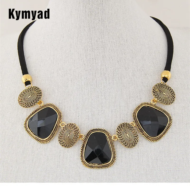 

Kymyad Collier Femme Retro Jewelry Black Rope Chain Choker Necklaces Women Resin Stone Necklaces & Pendants Maxi Colar Necklace