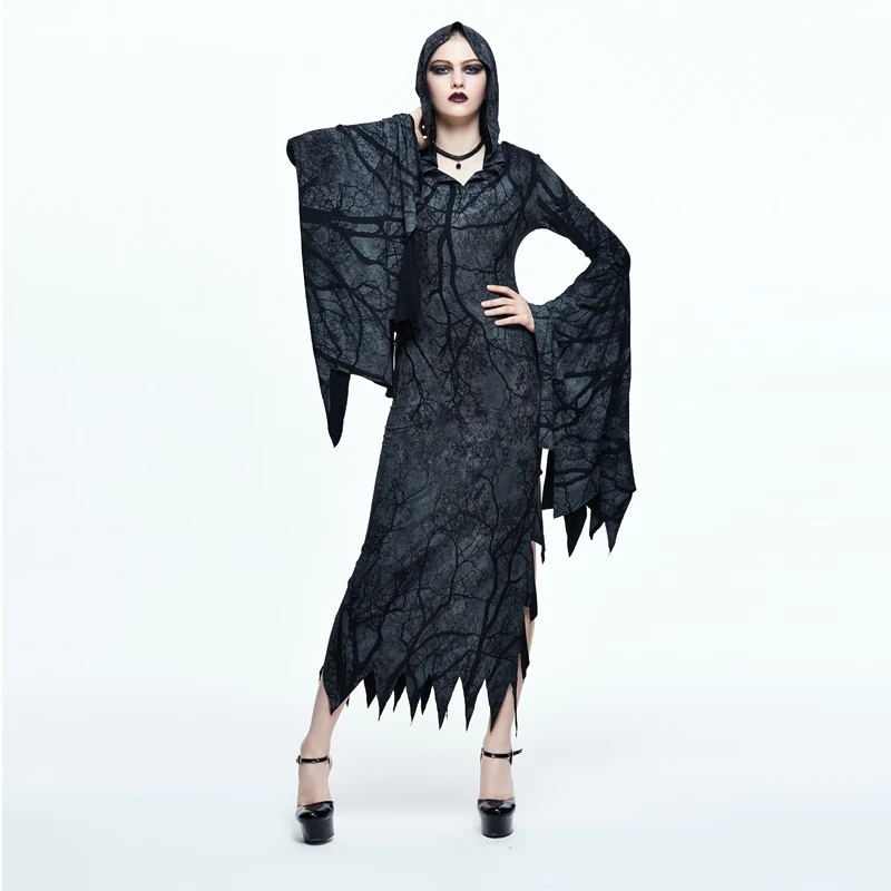 

2017 Devil Fashion Gothic Black Flare Sleeve Hooded Dress Visual Kei Steampunk Asymmetrical Hem Long Dress with Branches Pattern