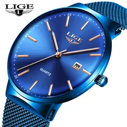 LIGE для мужчин s часы Топ Роскошные повседневные Модные хронограф водонепроницаемый синий сетчатый ремень из нержавеющей стали часы для