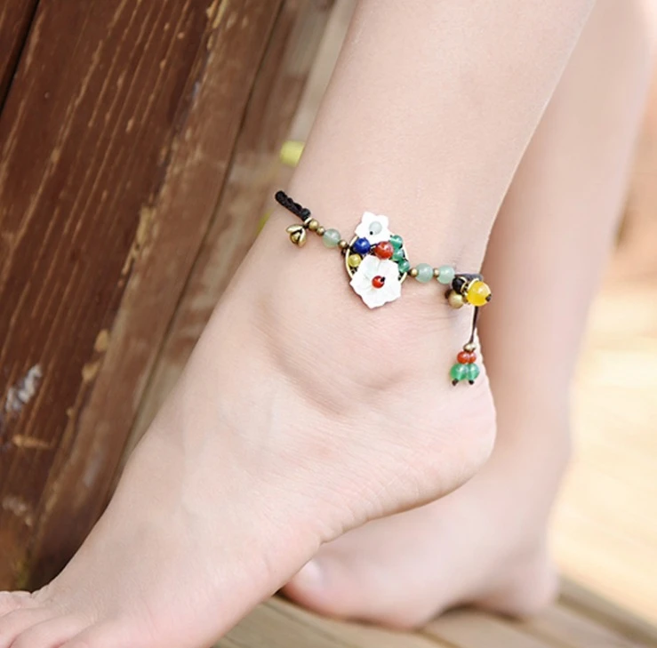 Tobilleras étnicas con flores de concha de mar, cadenas de piedra roja para pies de tobilleras esmaltadas de vidrio a la moda, nuevas|vintage anklet|anklet chainfoot chain - AliExpress