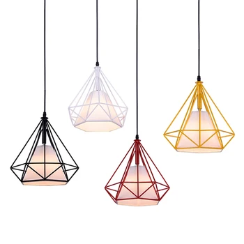 

GZMJ Modern Metal LED Pendant Lights Loft Decor E27 Iron Wire Cage Hanging Lamp Black/White/Yellow/Green/Red Pyramid Hanglamps