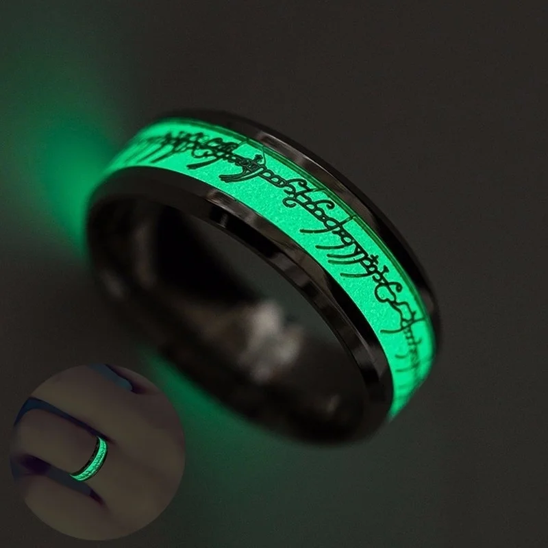 Светящиеся кольца из нержавеющей стали для мужчин и женщин светится в темноте 8 мм ширина кольцо Властелин моды обручальное кольцо ювелирные изделия с буквами