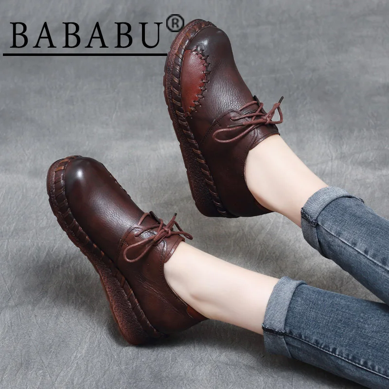 

2019 autumn new national style retro leather deep mouth handmade with soft bottom casual wedge with thick sole lazy shoes