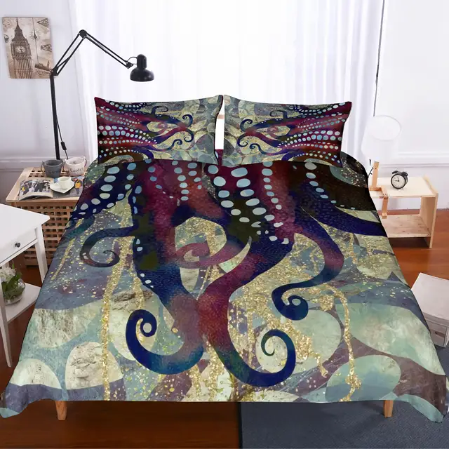 New style Octopus Bedding Sets 3pcs Soft Blue 3D Bedclothes Duvet Quilt