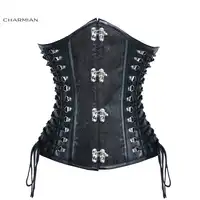 Charmian 女性のプラスサイズスチームパンクコルセットヴィンテージ Pu レザーアンダーバストコルセットセクシーな黒のジャカードスパイラル鋼骨太ビスチェ