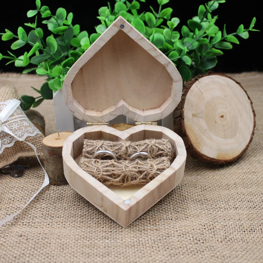 Personalized Gift Rustic Wedding Heart Shape Ring Bearer Box Custom Your Names and Date Engrave Wood Wedding Ring Box 4