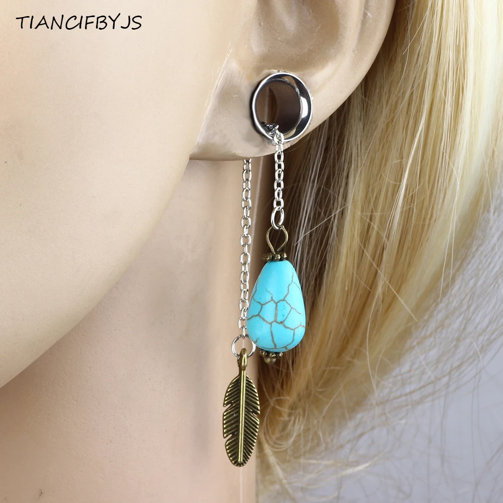 TIANCIFBYJS Opal Stone Leaf Dangle Ear Plug and Tunnel Double Flared