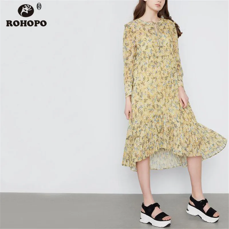 

ROHOPO High Low Long Sleeve Midi Dress Drawing Tie Collar Female Printed Maxi Pleated vestido Ruffles Lantren Sleeve #CW9044