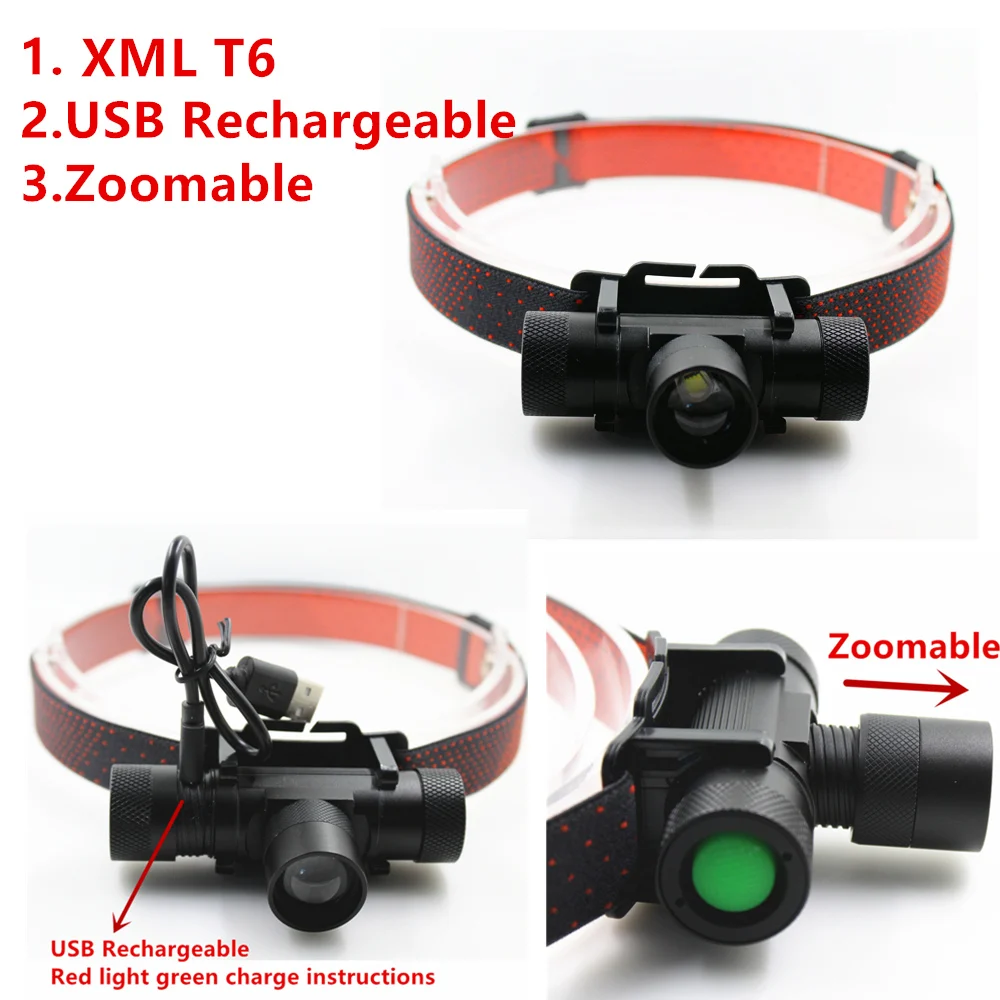

2018 New XML T6 USB Rechargeable zoomable headlamp Headlights headlight 18650 head lamp for camping led flashlight Torch