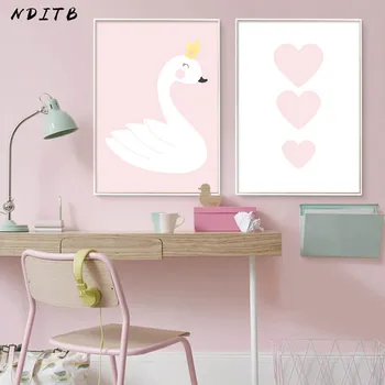 

NDITB Baby Girl Nurser Wall Art Canvas Painting Pink Cartoon Swan Heart Posters Prints Nordic Style Kids Decoration Pictures