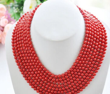 

FREE SHIPPING>>>@@ AS2132 Real 8row 16"~22" 6MM round red coral bead necklace