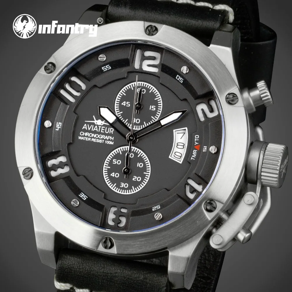 INFANTRY Aviateur Men Multi-function Watches Luxury Brand Waterproof Swim Quartz Wrist Watch Genuine Leather Luminous Stop Watch